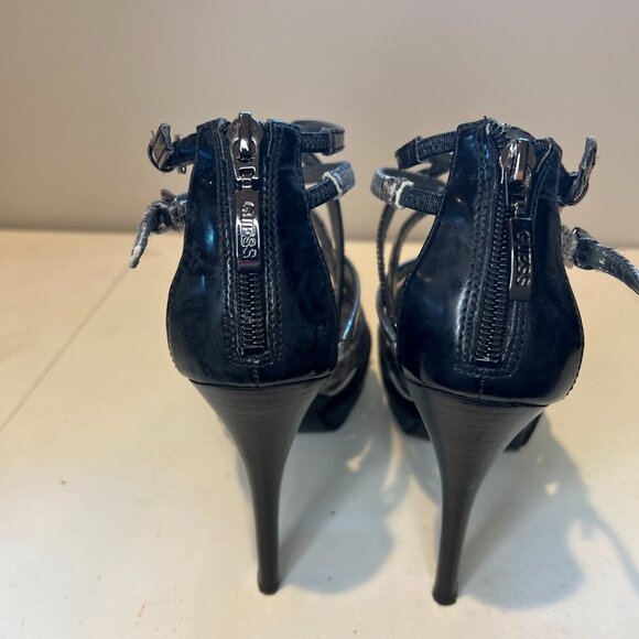 Like New Guess Black/Silver/Metallic Snakeskin Strappy Stiletto Heels, Size 8M - Picture 9 of 13